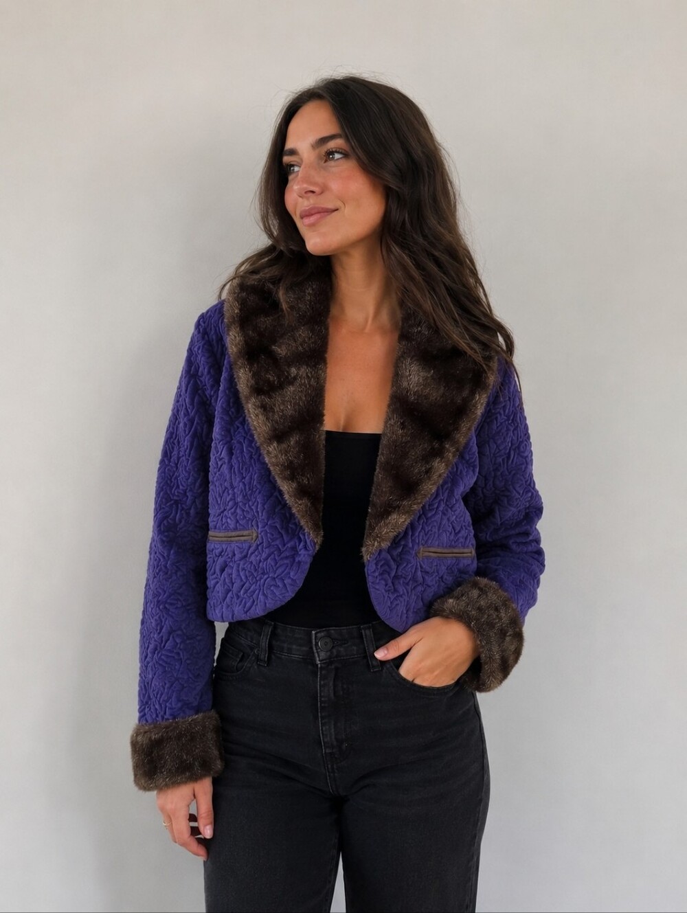 Puzzle Alpha Vintage Purple Textured Faux Fur Collar Cropped Jacket